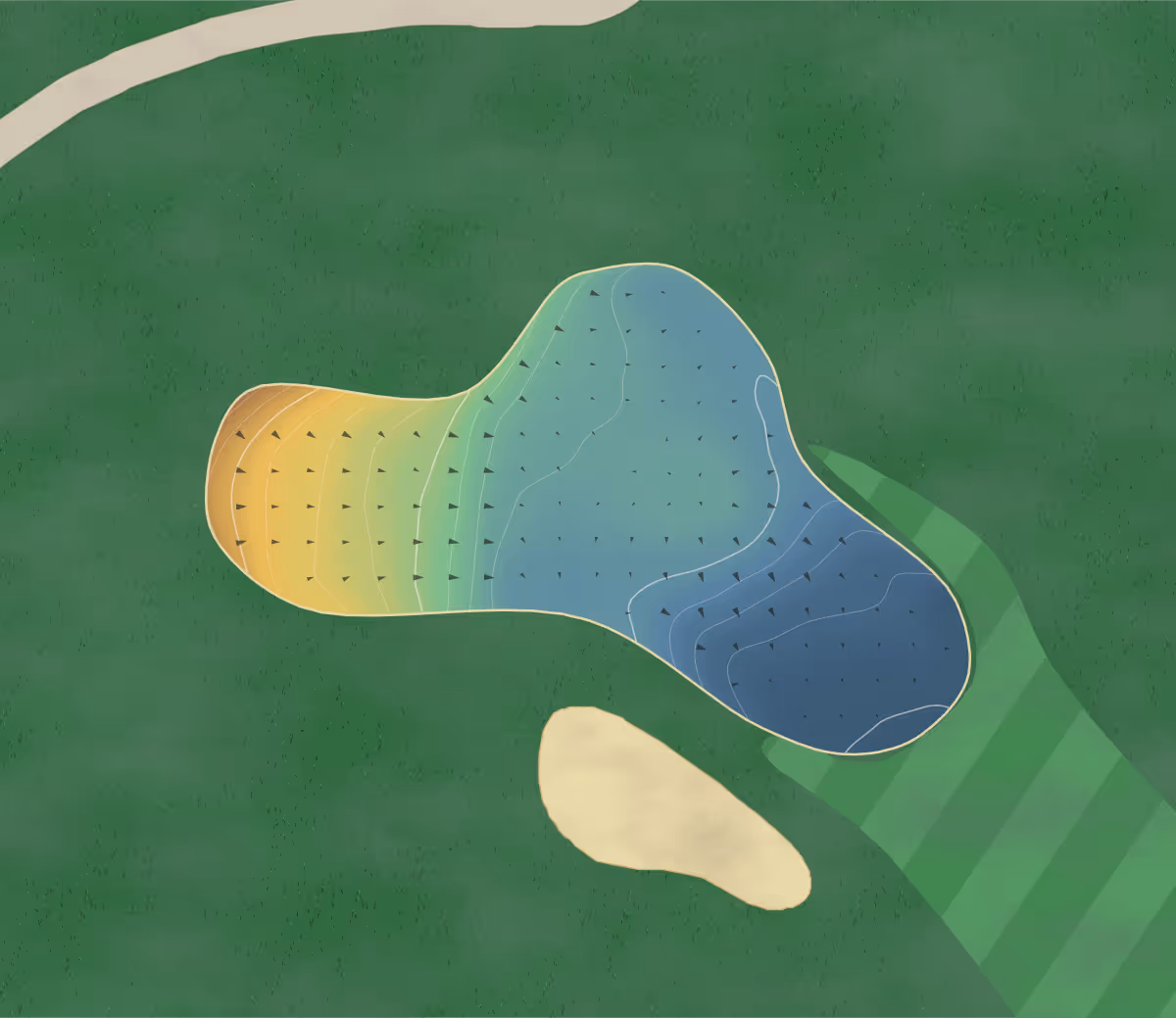 Green contour map of Peterstone in Cardiff, Wales — 113 elevation contours at a 8-centimeter interval with fall-line arrows, traced from 1-meter lidar