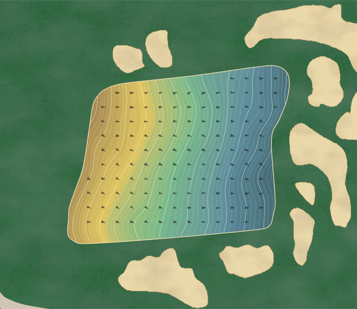 Green contour map of Pfau Course in Bloomington, Indiana — 412 elevation contours at a 3-inch interval with fall-line arrows, traced from 1-meter lidar