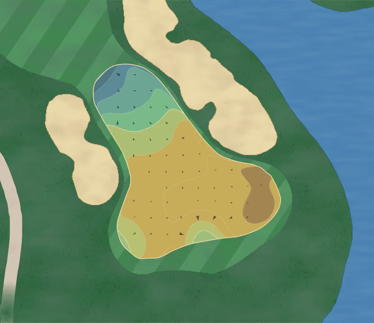 Green contour map of PGA National in Palm Beach Gardens, Florida — 266 elevation contours at a 3-inch interval with fall-line arrows, traced from 1-meter lidar