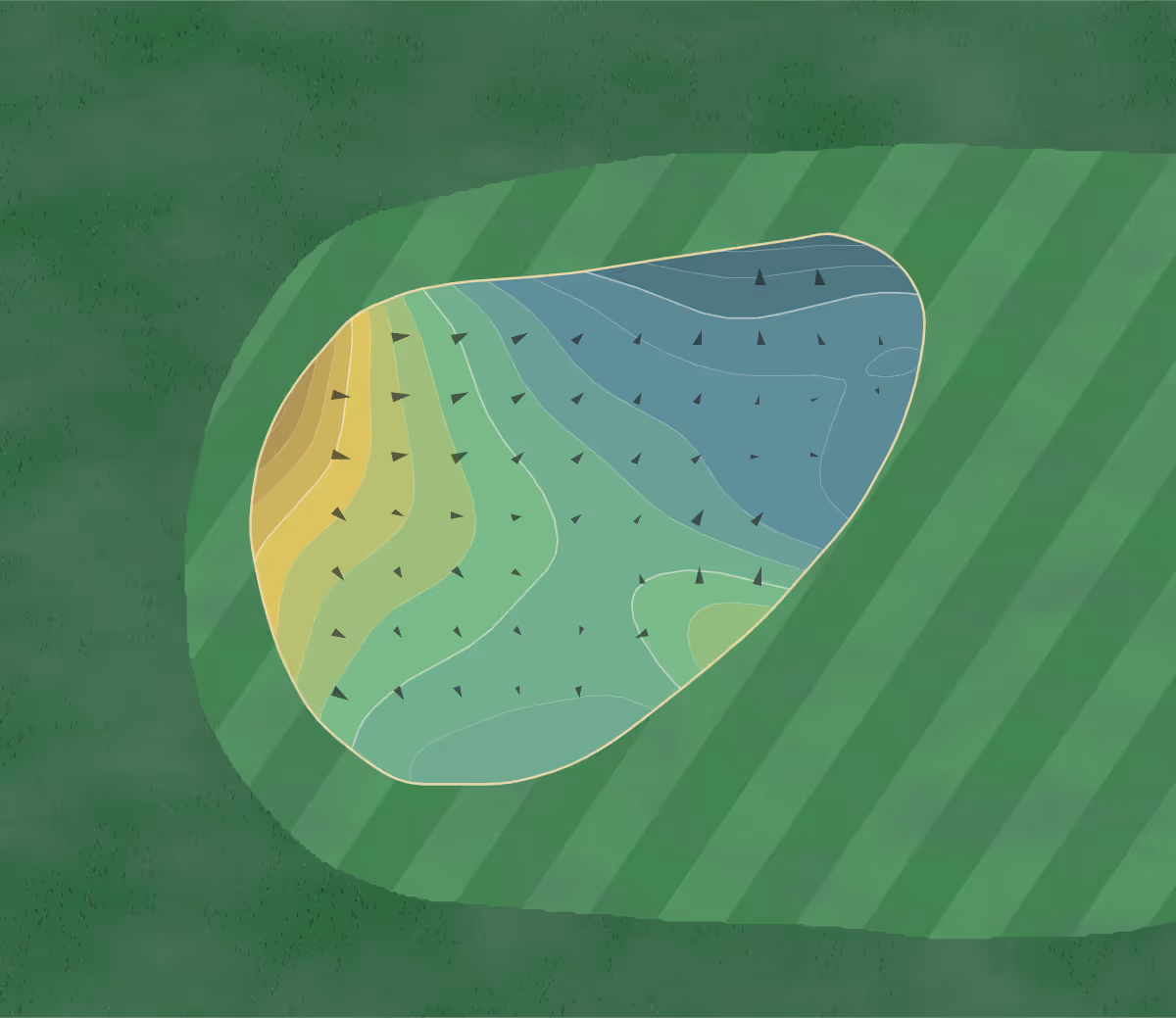 Green contour map of PGA The Estates in West Palm Beach, Florida — 33 elevation contours at a 3-inch interval with fall-line arrows, traced from 1-meter lidar