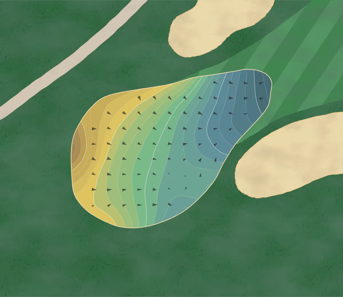 Green contour map of Philadelphia CC in Gladwyne, Pennsylvania — 270 elevation contours at a 3-inch interval with fall-line arrows, traced from 1-meter lidar