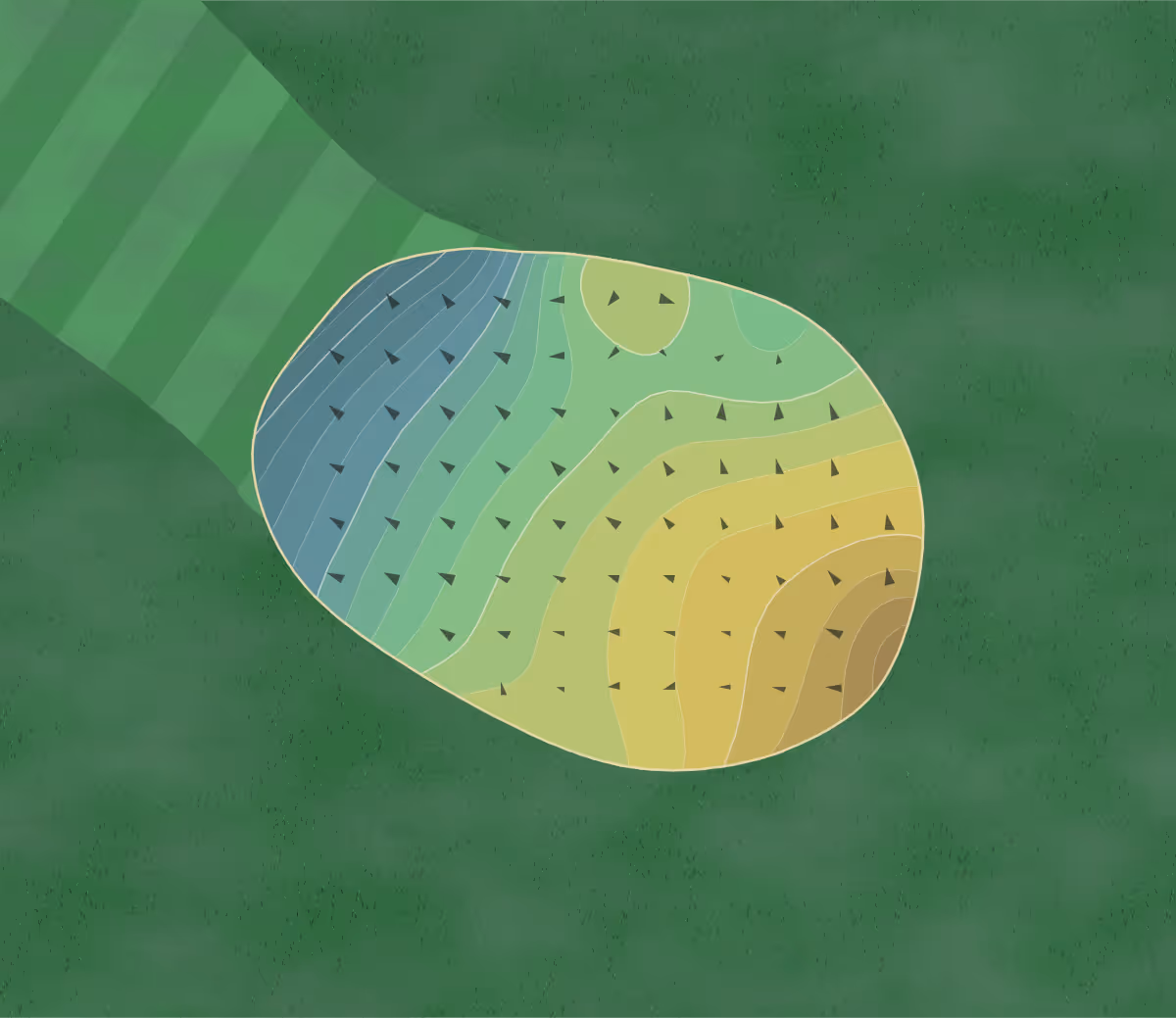 Green contour map of Pickaway CC in Circleville, Ohio — 204 elevation contours at a 3-inch interval with fall-line arrows, traced from 1-meter lidar