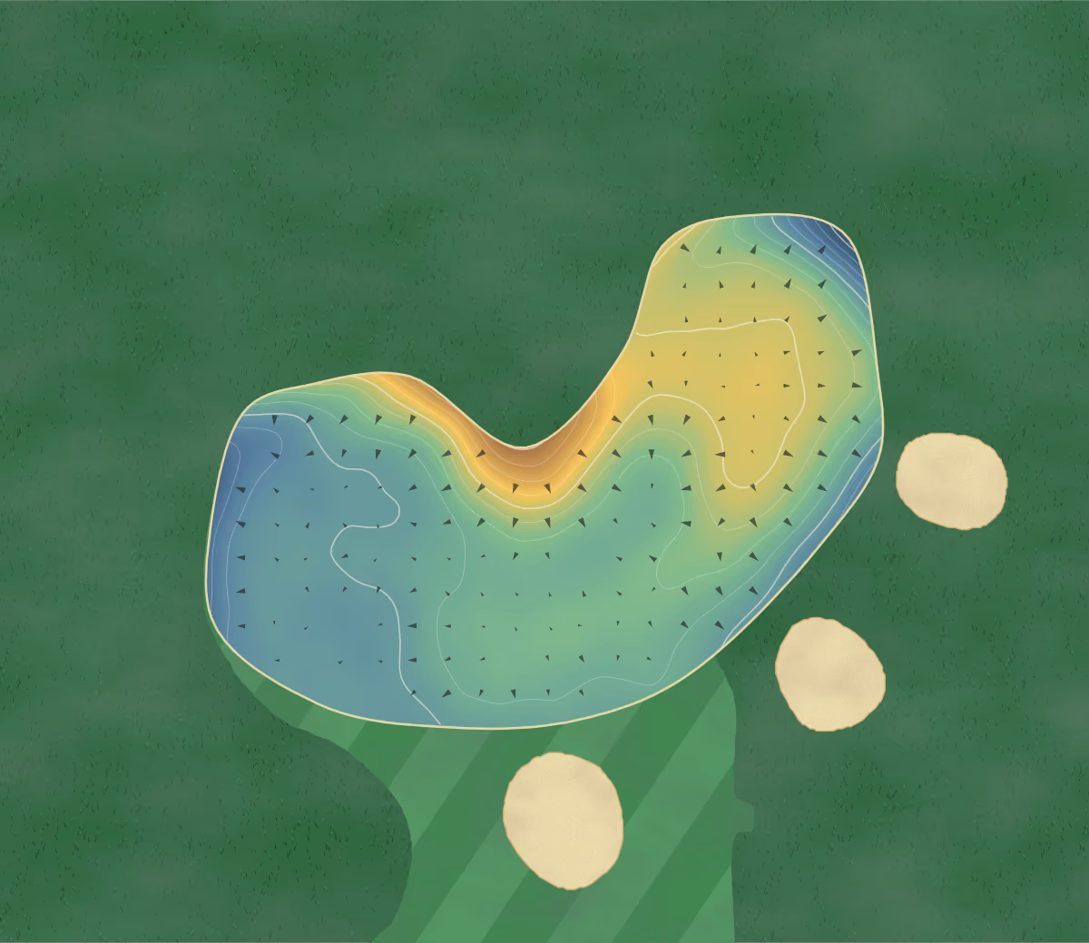 Green contour map of Pike Fold in Unsworth, England: 140 elevation contours at a 8-centimeter interval with fall-line arrows, traced from 1-meter lidar