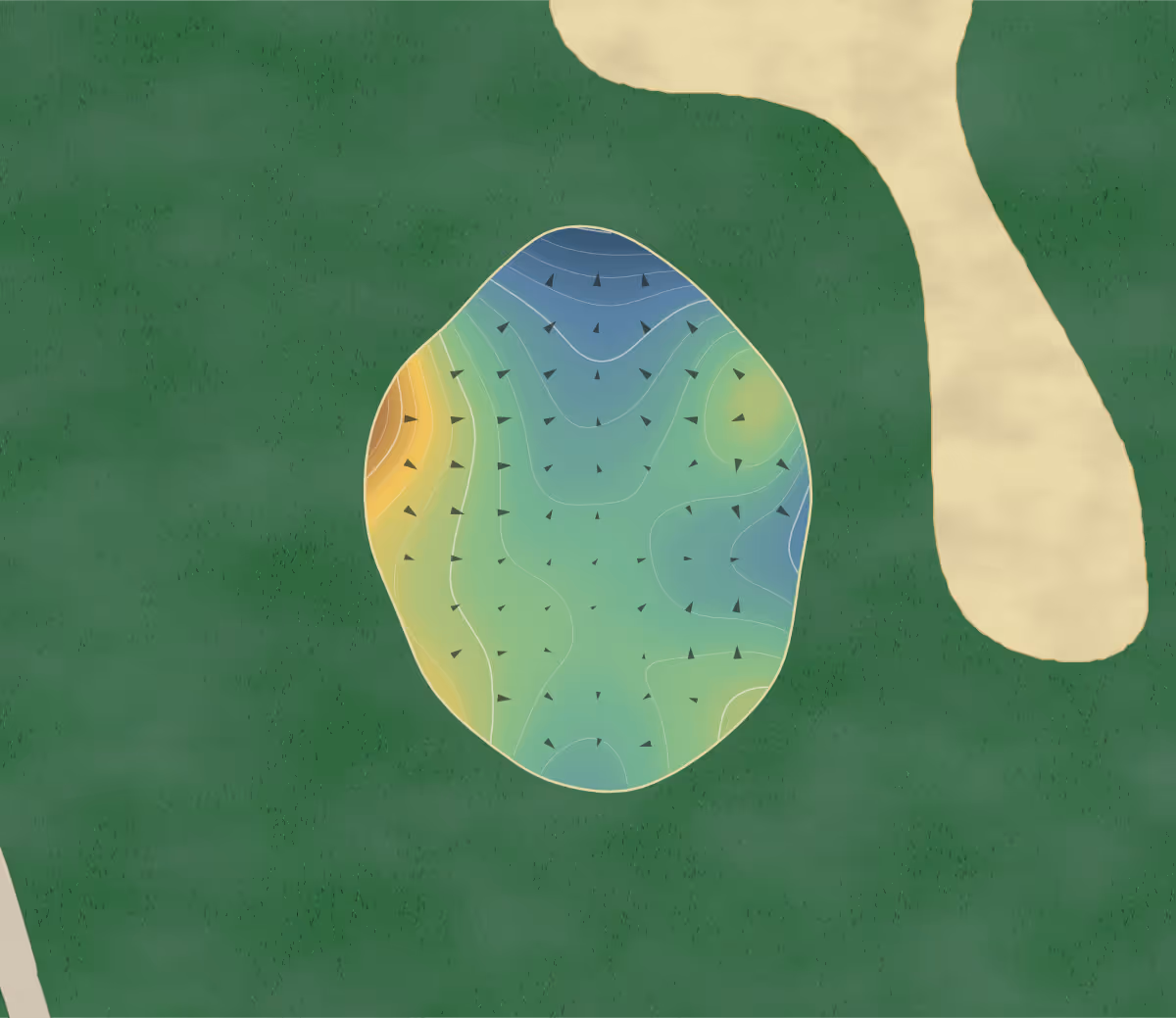 Green contour map of Pike Lake Golf & Country Resort Lake Course in Clifford, Canada — 187 elevation contours at a 8-centimeter interval with fall-line arrows, traced from 1-meter lidar