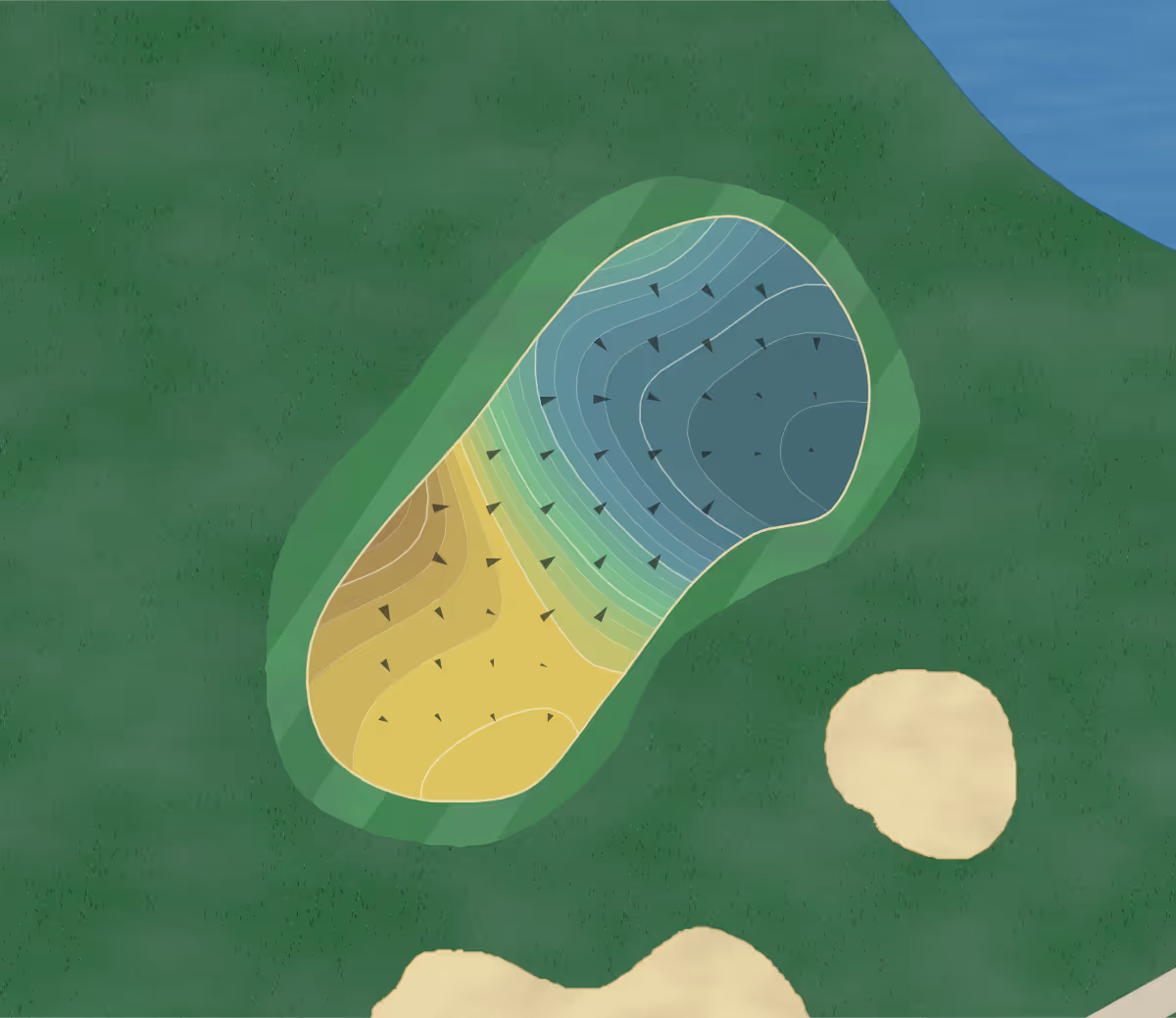 Green contour map of Pimlico in The Villages, Florida — 90 elevation contours at a 3-inch interval with fall-line arrows, traced from 1-meter lidar