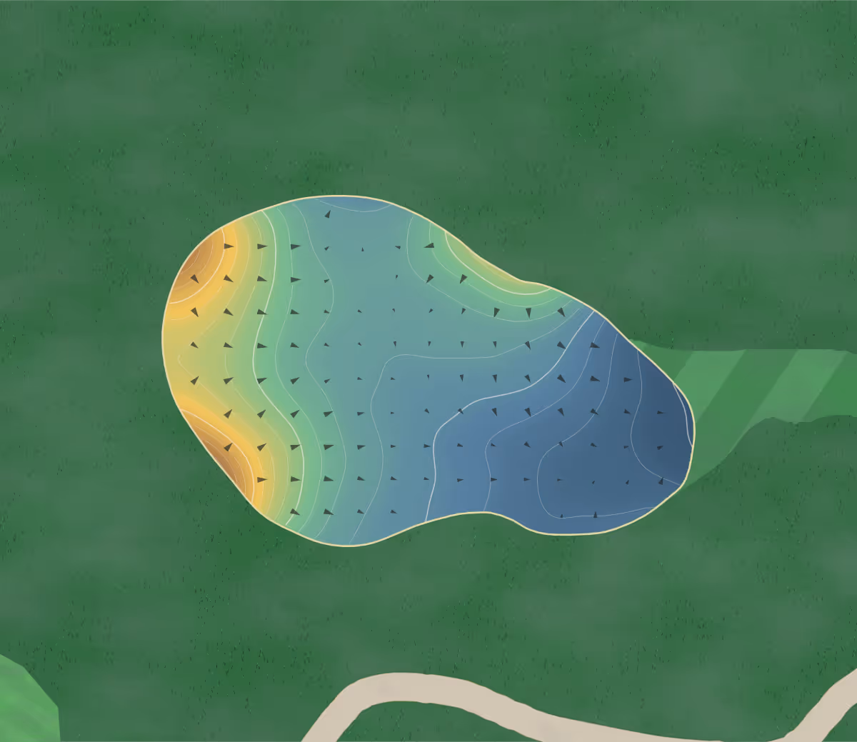 Green contour map of Pine Knot Golf & Country Club in Dorchester, Canada — 227 elevation contours at a 8-centimeter interval with fall-line arrows, traced from 1-meter lidar