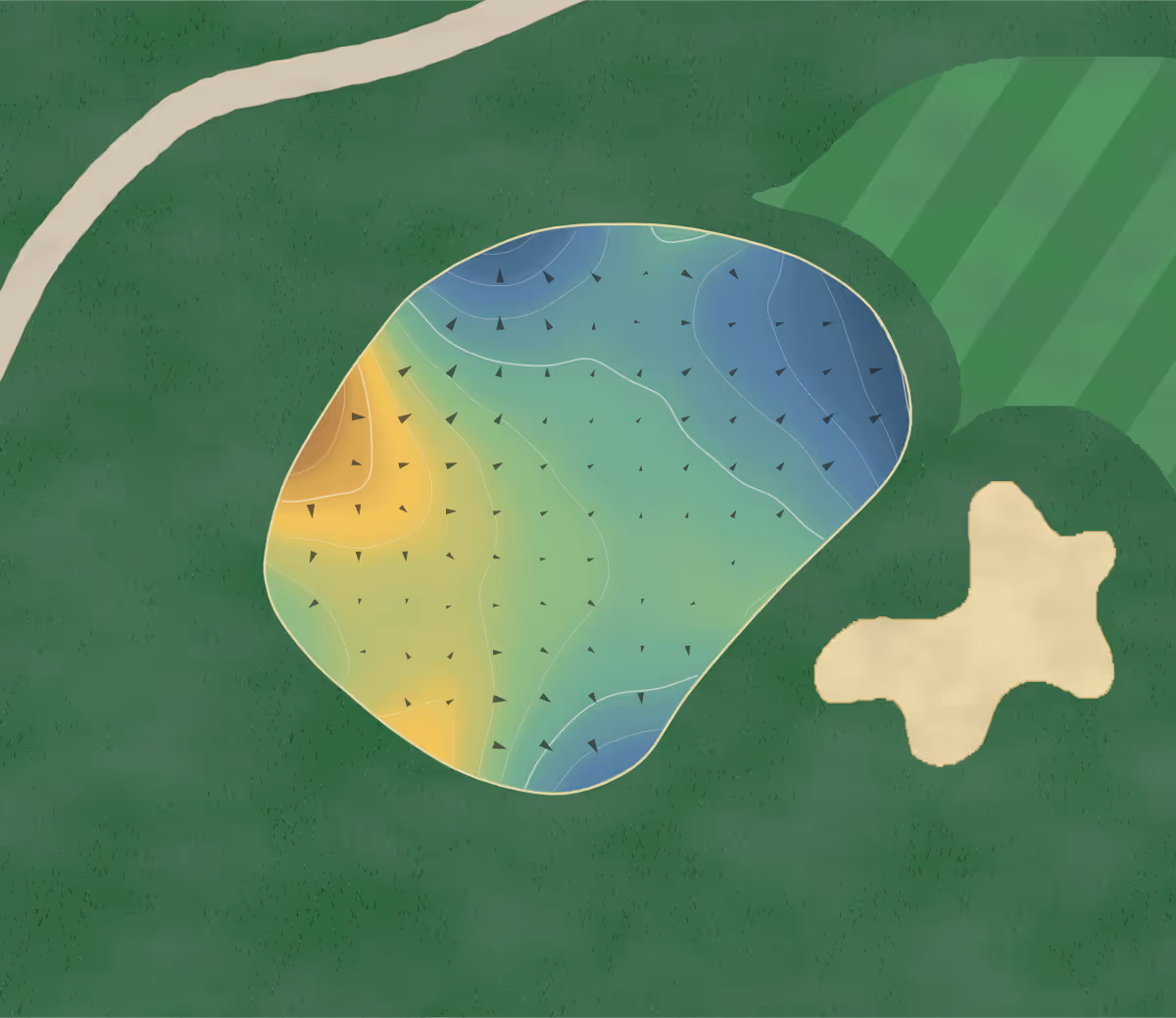 Green contour map of Pine Lake in Orchard Lake, Michigan — 182 elevation contours at a 3-inch interval with fall-line arrows, traced from 1-meter lidar