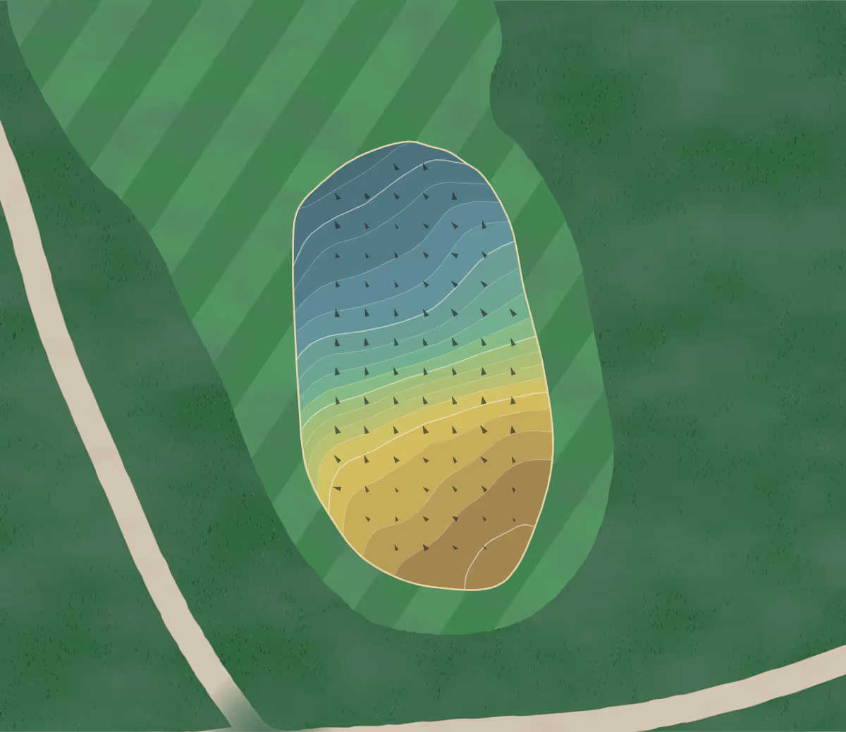 Green contour map of Pine Ridge in N. Oxford, Massachusetts — 178 elevation contours at a 3-inch interval with fall-line arrows, traced from 1-meter lidar