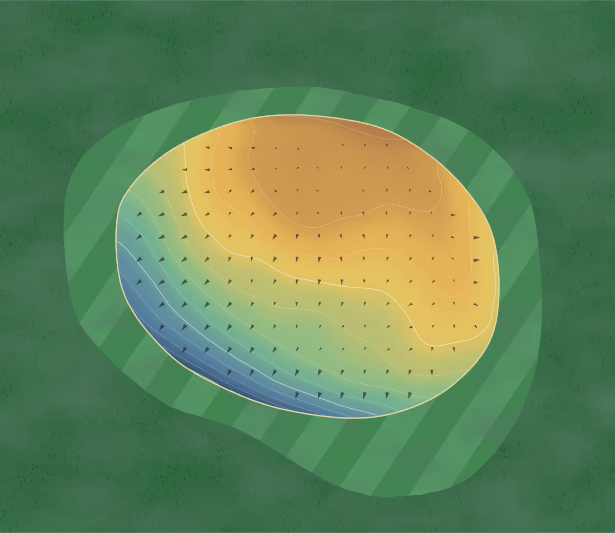Green contour map of Pine Ridge in Evansville, Minnesota: 64 elevation contours at a 3-inch interval with fall-line arrows, traced from 1-meter lidar