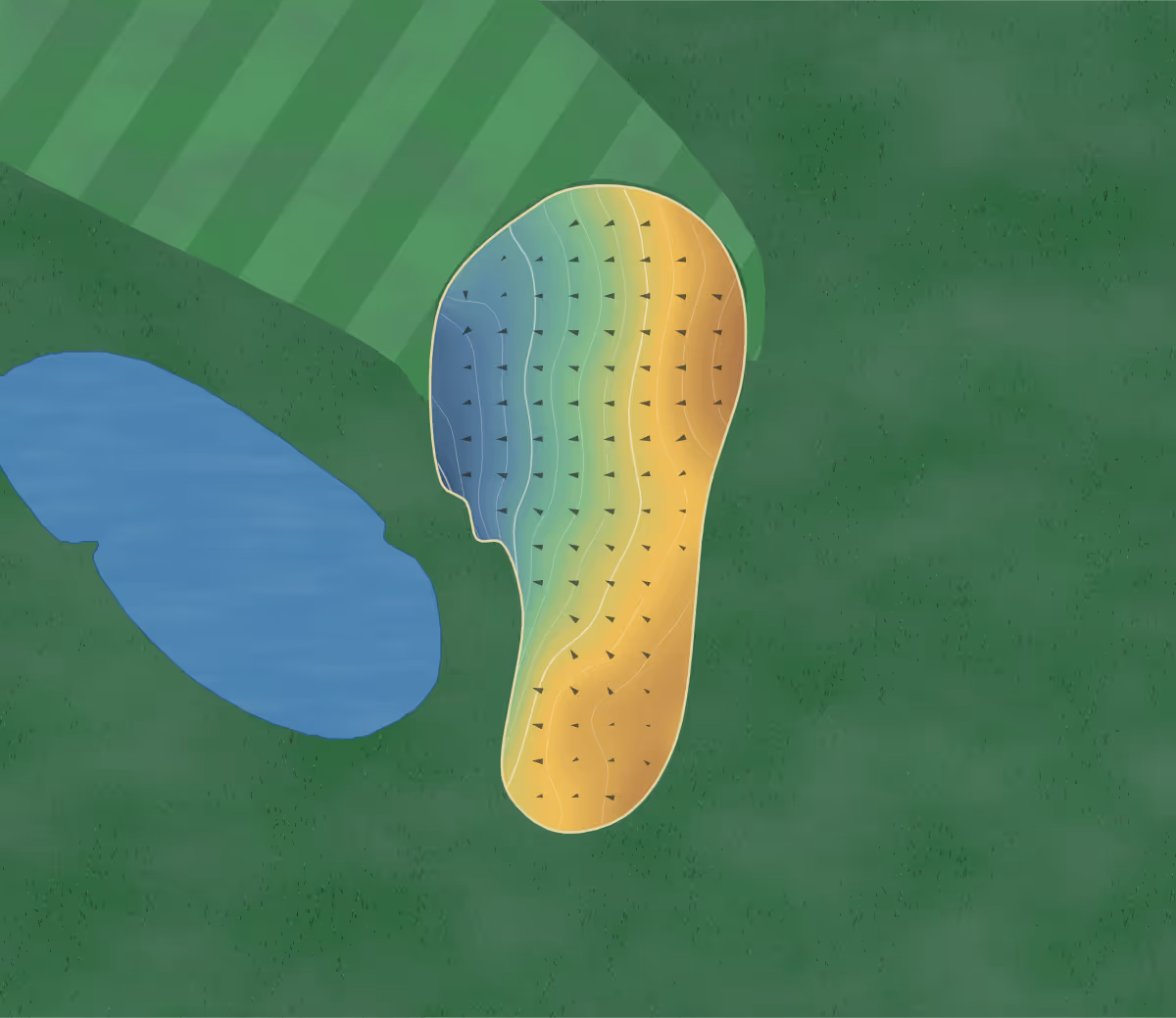 Green contour map of Pine Ridge Golf in Sartell, Minnesota — 78 elevation contours at a 3-inch interval with fall-line arrows, traced from 1-meter lidar