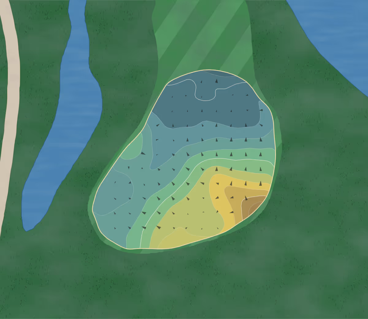 Green contour map of Pine Trace in Rochester Hills, Michigan — 199 elevation contours at a 3-inch interval with fall-line arrows, traced from 1-meter lidar