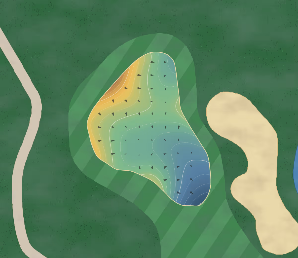 Green contour map of Pine Tree in Boynton Beach, Florida — 42 elevation contours at a 3-inch interval with fall-line arrows, traced from 1-meter lidar