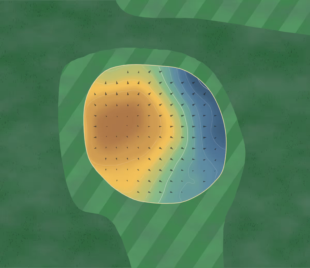 Green contour map of Pine Valley in Prince George, Canada: 77 elevation contours at a 8-centimeter interval with fall-line arrows, traced from 1-meter lidar