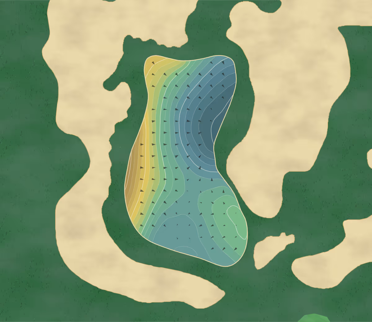Green contour map of Pine Valley Golf Club in Pine Valley, New Jersey — 468 elevation contours at a 3-inch interval with fall-line arrows, traced from 1-meter lidar