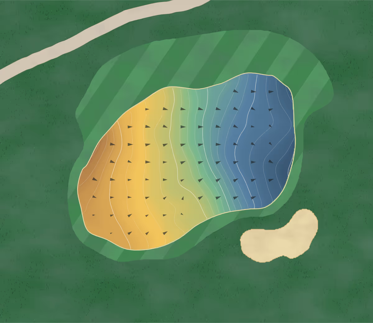 Green contour map of Pinecrest Cc in Longview, Texas — 165 elevation contours at a 3-inch interval with fall-line arrows, traced from 1-meter lidar