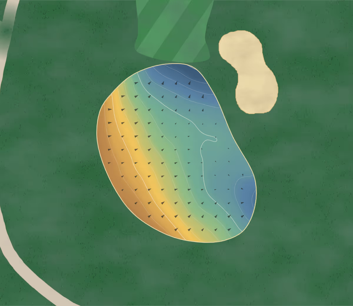 Green contour map of Pinecrest in Huntley, Illinois — 158 elevation contours at a 3-inch interval with fall-line arrows, traced from 1-meter lidar