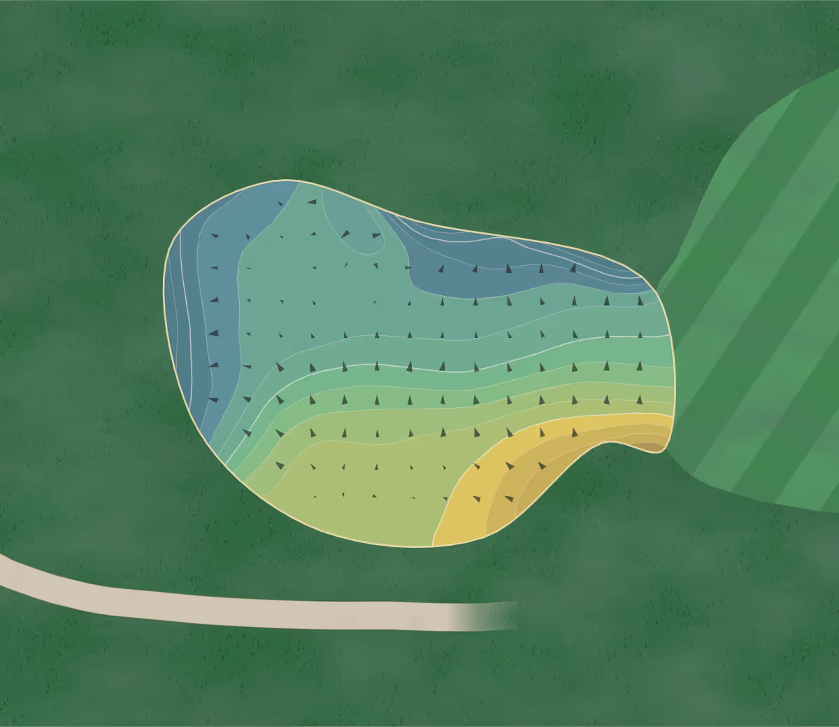 Green contour map of Pinecroft in Beulah, Michigan — 15 elevation contours at a 3-inch interval with fall-line arrows, traced from 1-meter lidar