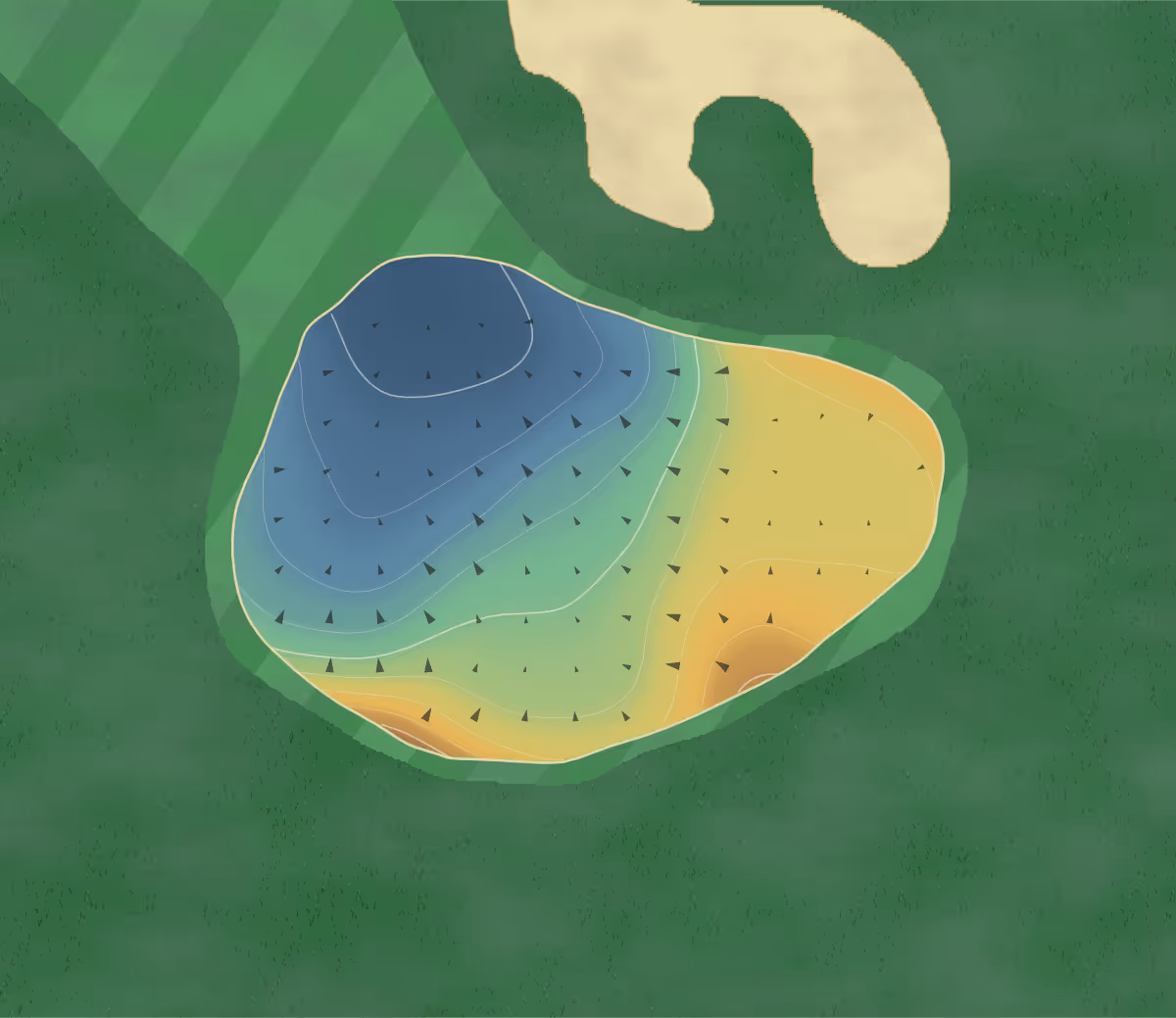 Green contour map of Pinehills Golf Club in Plymouth, Massachusetts — 248 elevation contours at a 3-inch interval with fall-line arrows, traced from 1-meter lidar
