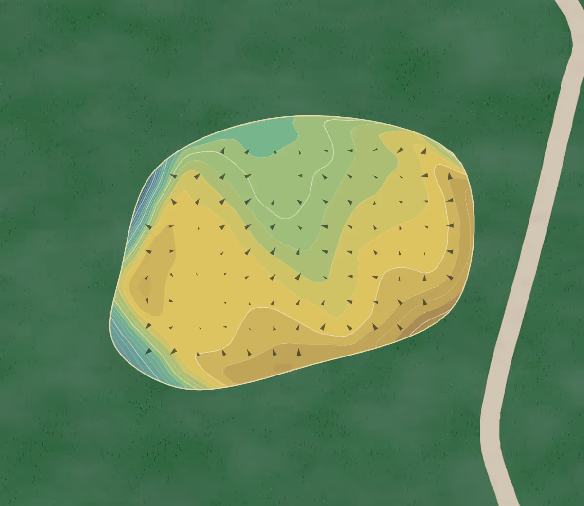 Green contour map of Pinehurst No. 7 in Pinehurst, North Carolina — 468 elevation contours at a 3-inch interval with fall-line arrows, traced from 1-meter lidar