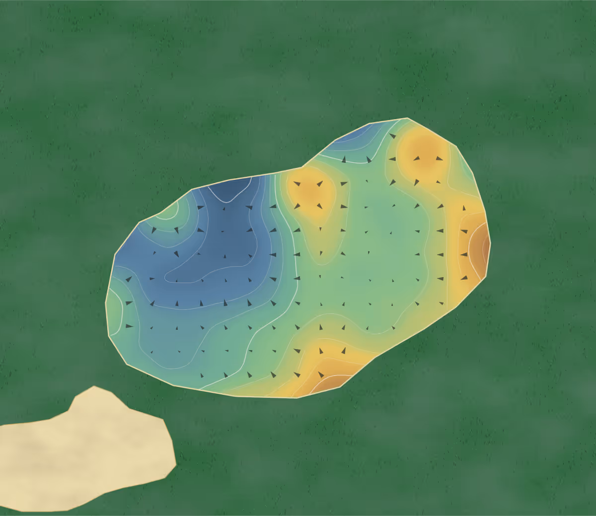 Green contour map of Pinehurst No. 9 in Pinehurst, North Carolina: 46 elevation contours at a 3-inch interval with fall-line arrows, traced from 1-meter lidar