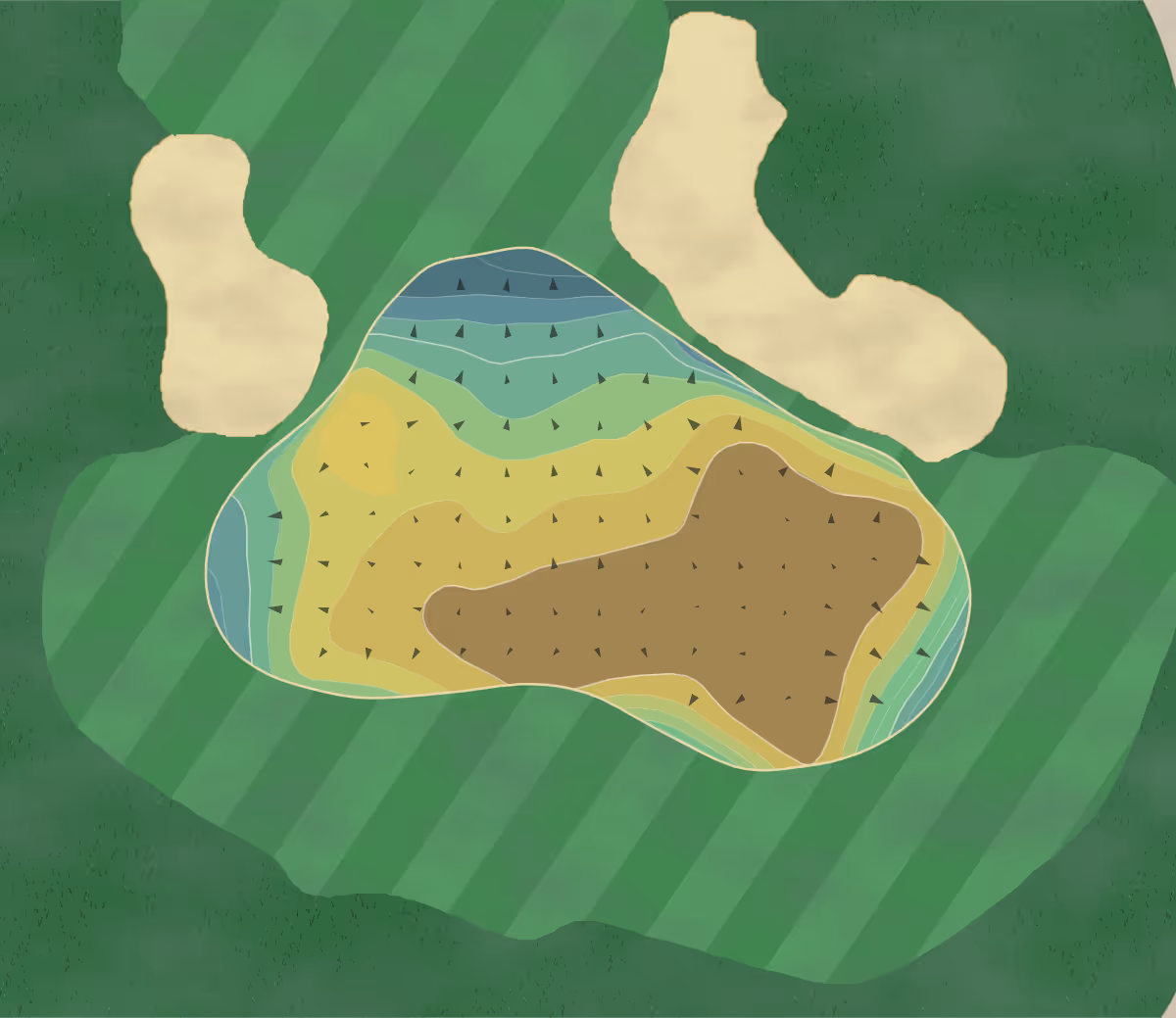 Green contour map of Pinehurst No. 2 in Pinehurst, North Carolina — 502 elevation contours at a 3-inch interval with fall-line arrows, traced from 1-meter lidar