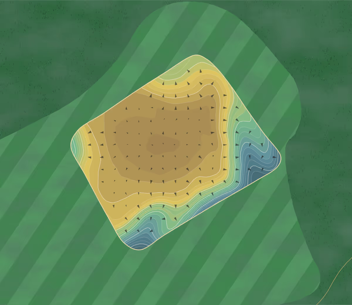 Green contour map of Pinehurst No. 4 in Pinehurst, North Carolina — 626 elevation contours at a 3-inch interval with fall-line arrows, traced from 1-meter lidar