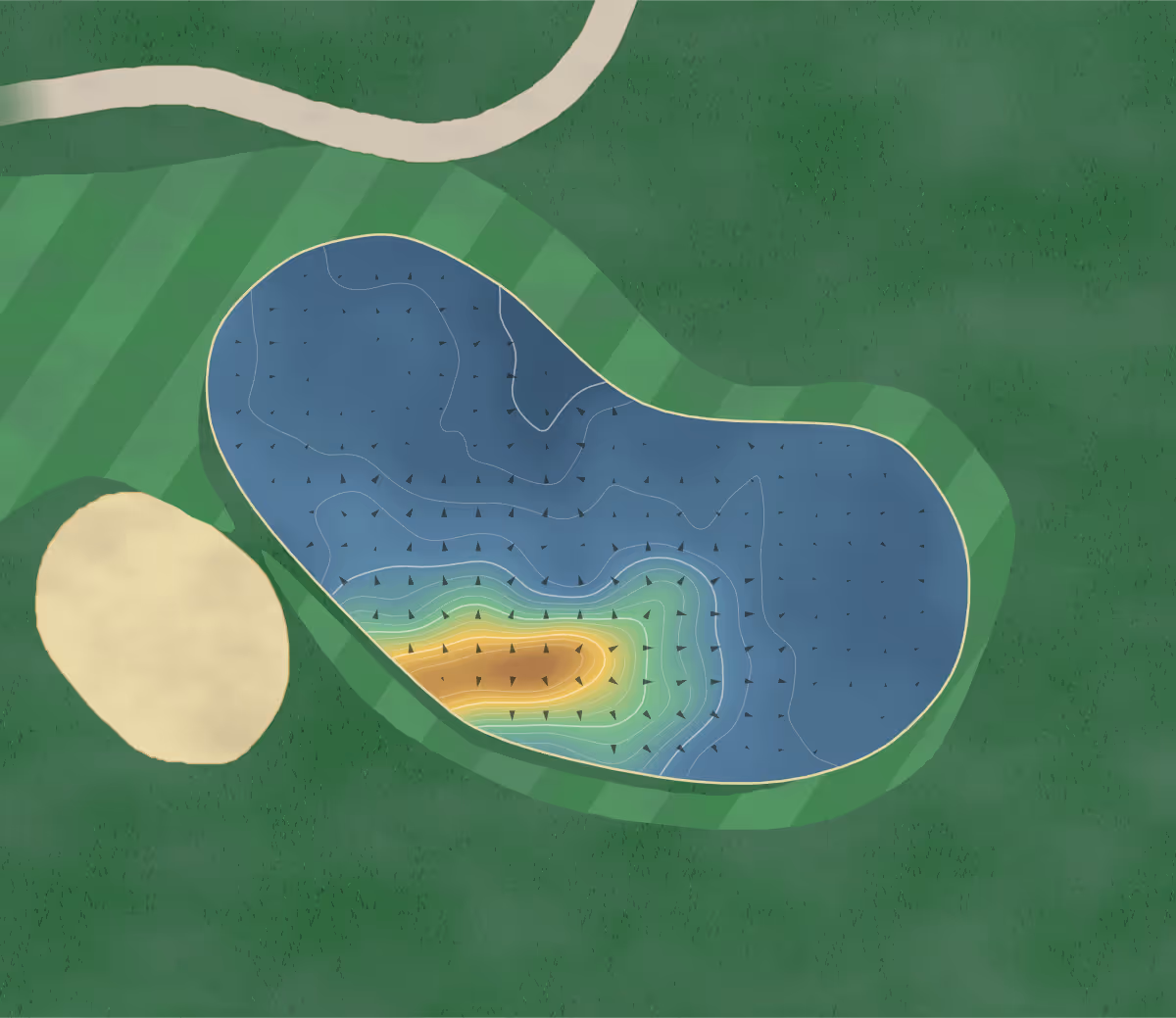 Green contour map of Pineridge in Carvel, Canada: 112 elevation contours at a 8-centimeter interval with fall-line arrows, traced from 1-meter lidar