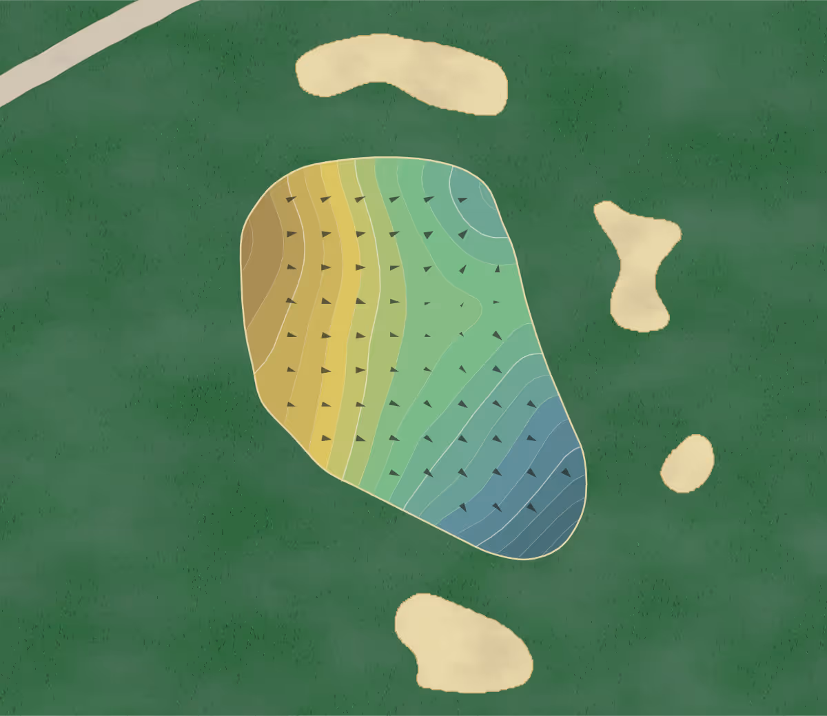 Green contour map of Pines CC in Morgantown, West Virginia — 181 elevation contours at a 3-inch interval with fall-line arrows, traced from 1-meter lidar