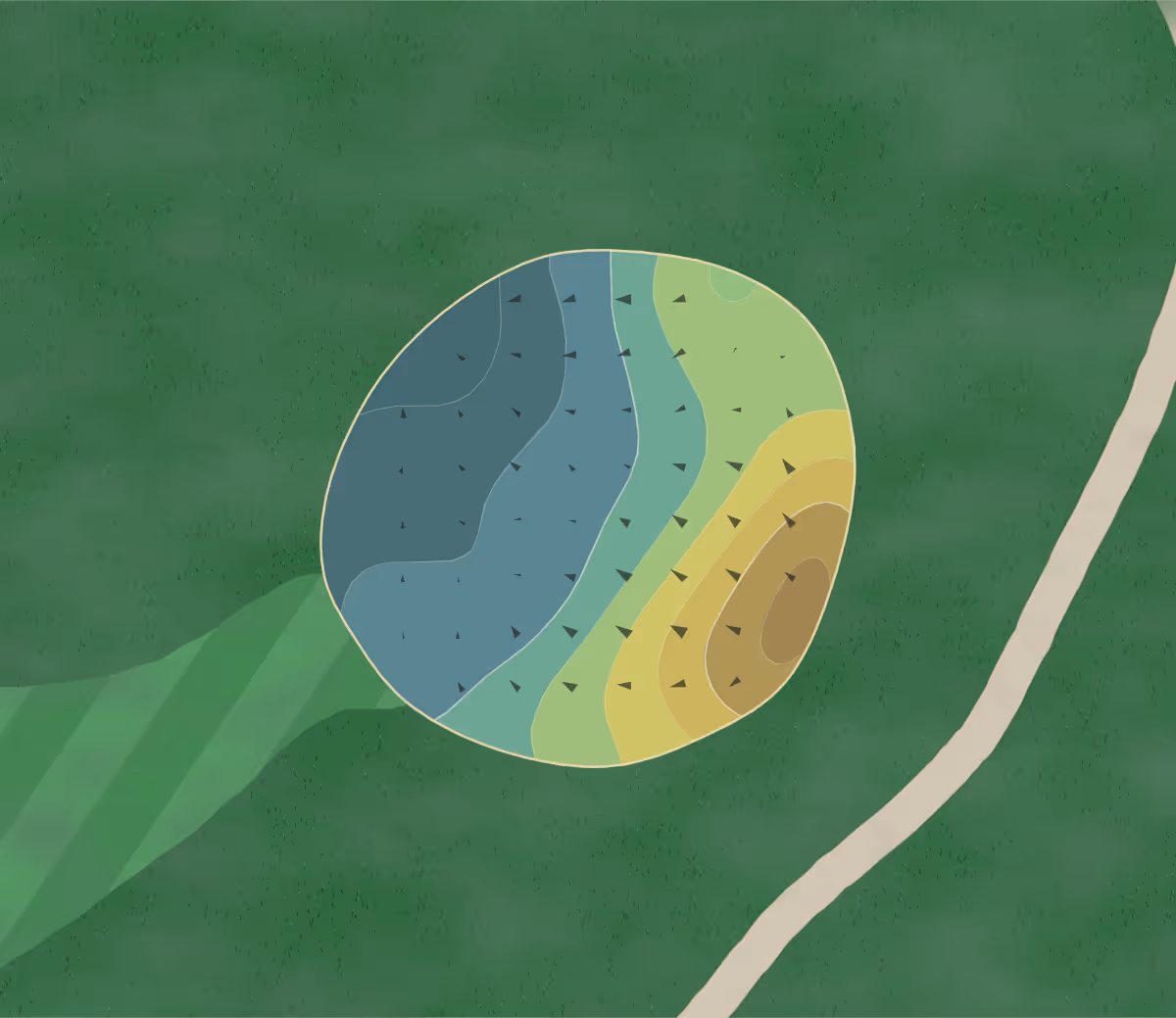 Green contour map of Pines GC in Orrville, Ohio — 135 elevation contours at a 3-inch interval with fall-line arrows, traced from 1-meter lidar