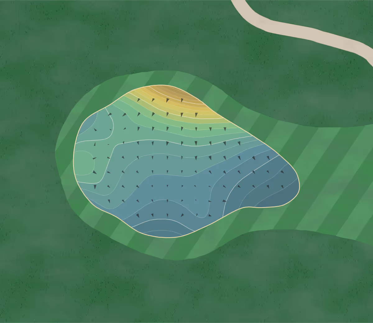 Green contour map of Pinewood CC in Harshaw, Wisconsin — 210 elevation contours at a 3-inch interval with fall-line arrows, traced from 1-meter lidar