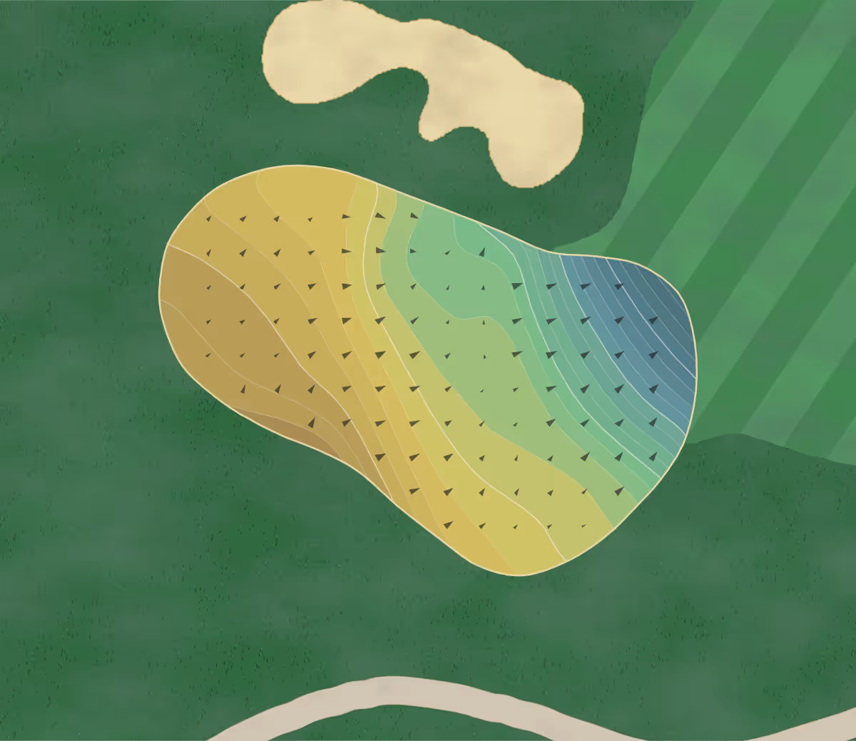 Green contour map of Pinnacle GC in Grove City, Ohio — 177 elevation contours at a 3-inch interval with fall-line arrows, traced from 1-meter lidar