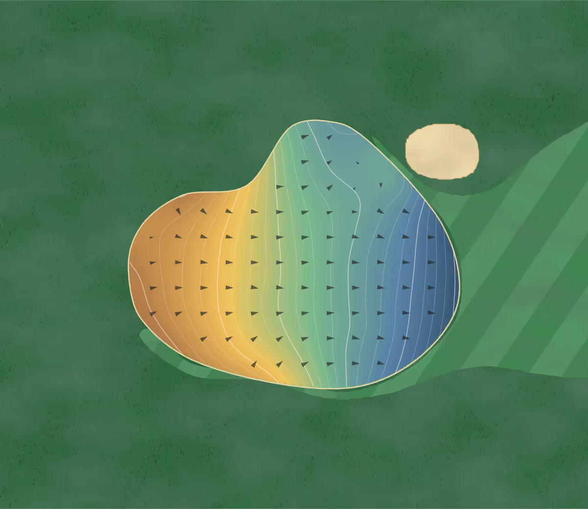 Green contour map of Pioneer Town in Clear Lake, Iowa: 134 elevation contours at a 3-inch interval with fall-line arrows, traced from 1-meter lidar