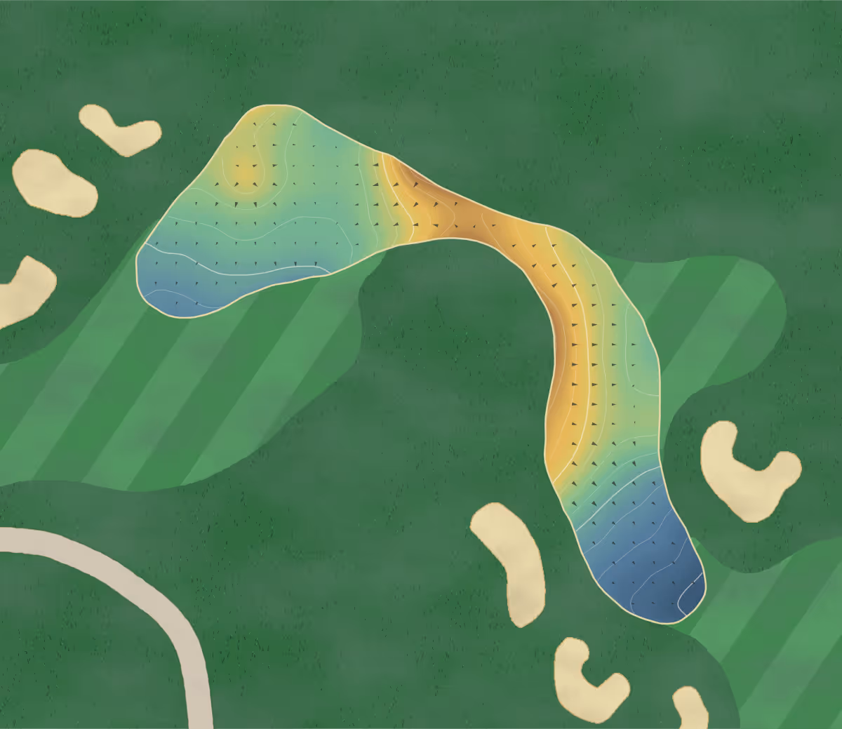 Green contour map of Pipers Heath in Hornby, Canada: 152 elevation contours at a 8-centimeter interval with fall-line arrows, traced from 1-meter lidar