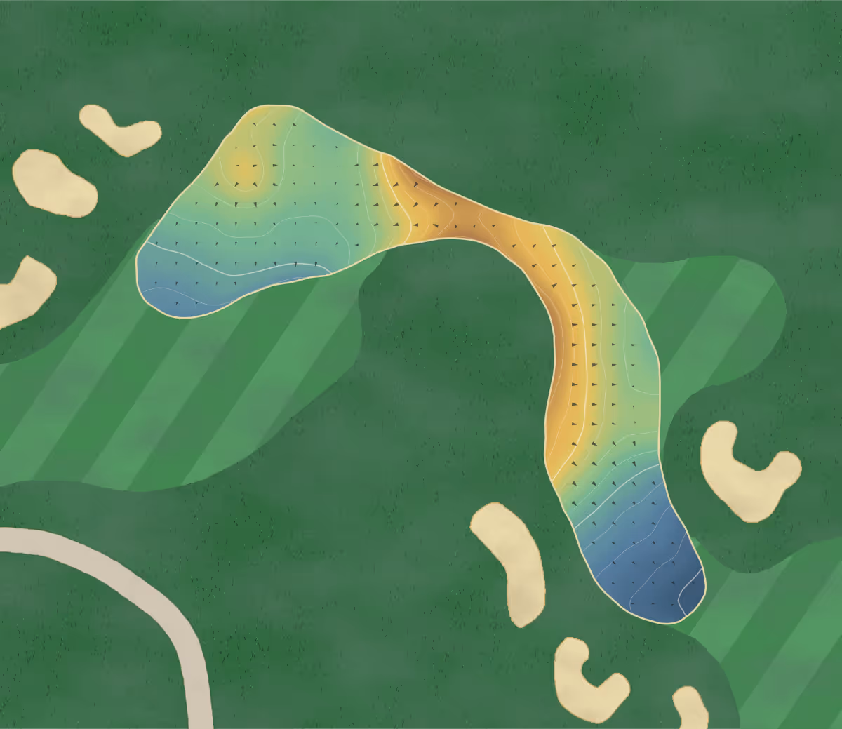 Green contour map of Pipers Heath in Hornby, Canada — 152 elevation contours at a 8-centimeter interval with fall-line arrows, traced from 1-meter lidar