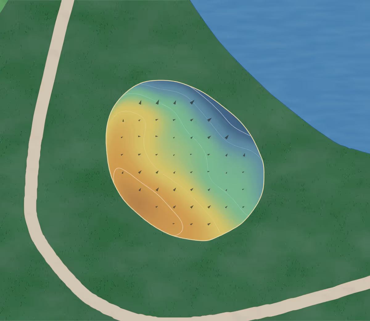 Green contour map of Pitch and Putt in Southampton, New York: 30 elevation contours at a 3-inch interval with fall-line arrows, traced from 1-meter lidar