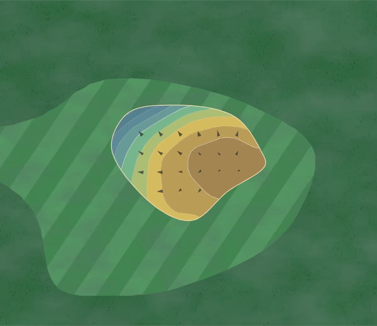 Green contour map of Pitch&Putt in DE Groenlo, Netherlands — 85 elevation contours at a 8-centimeter interval with fall-line arrows, traced from 1-meter lidar