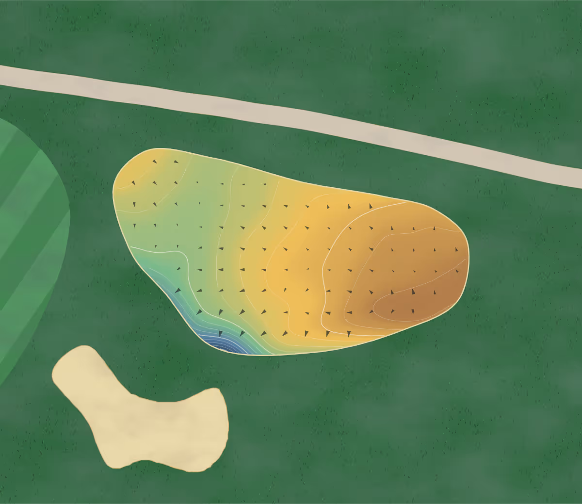Green contour map of Pitcher's Pond in Green's Harbour, Canada: 69 elevation contours at a 8-centimeter interval with fall-line arrows, traced from 1-meter lidar