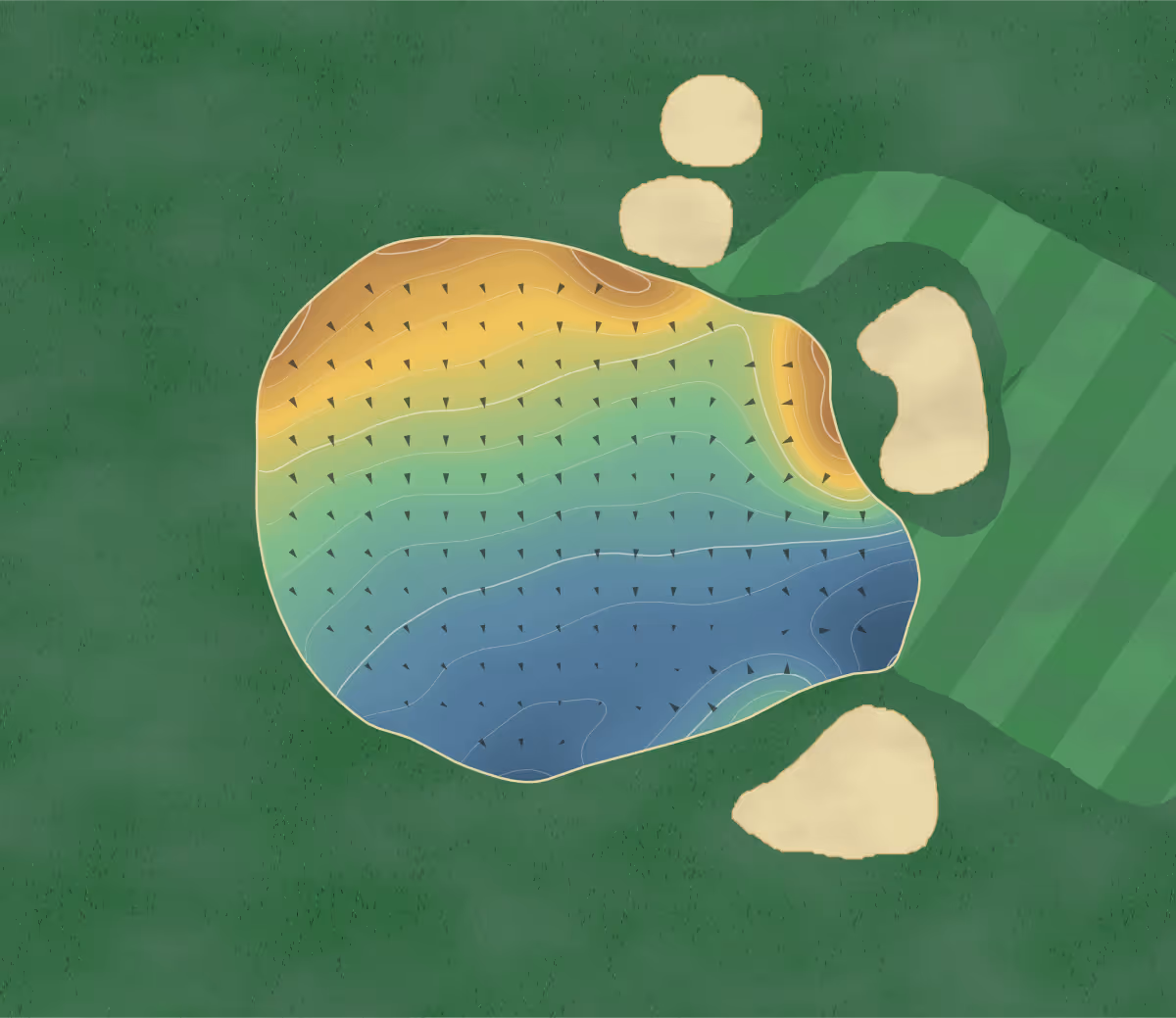 Green contour map of Pitfarrane in Crossford, United Kingdom — 230 elevation contours at a 8-centimeter interval with fall-line arrows, traced from 1-meter lidar