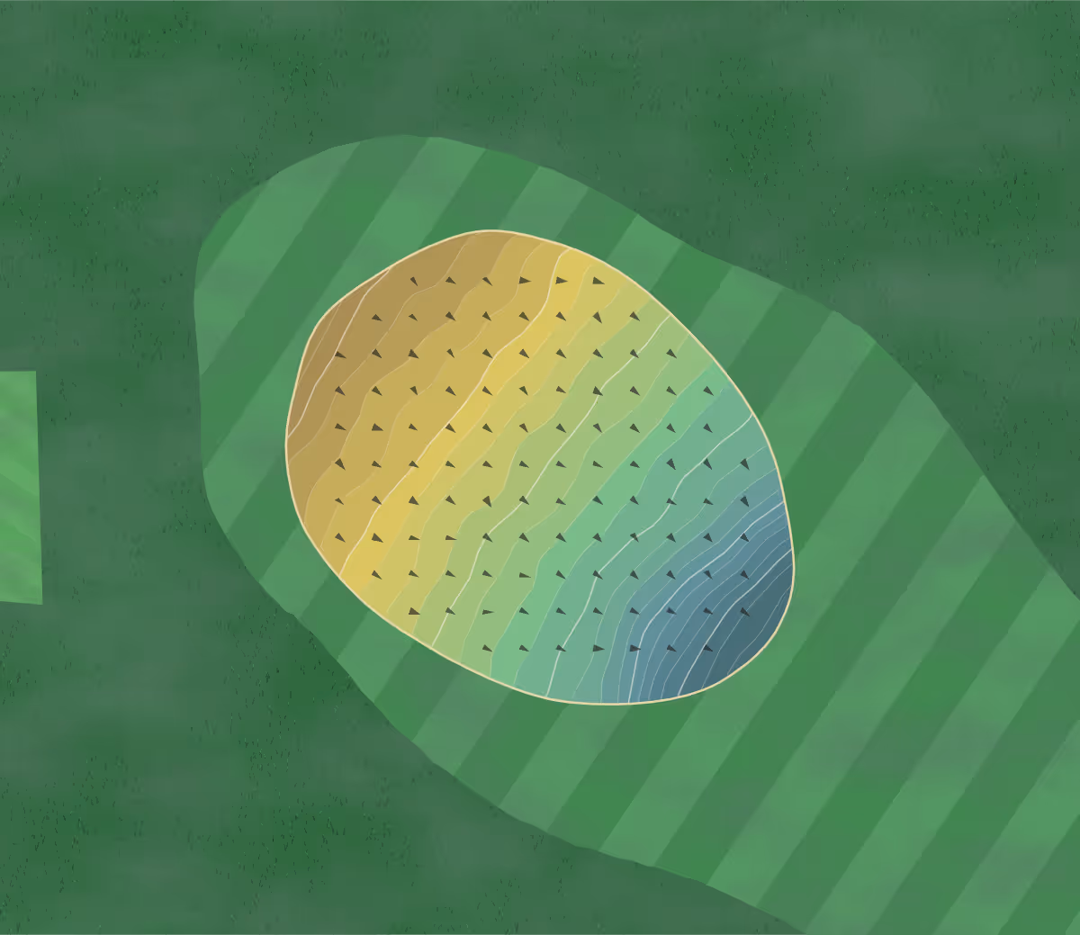 Green contour map of Pitlochry in Pitlochry, Scotland — 214 elevation contours at a 8-centimeter interval with fall-line arrows, traced from 1-meter lidar