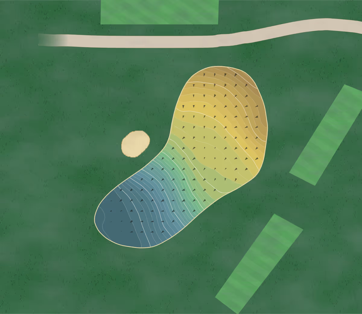 Green contour map of Pitreavie in Dunfermline, Scotland — 294 elevation contours at a 8-centimeter interval with fall-line arrows, traced from 1-meter lidar