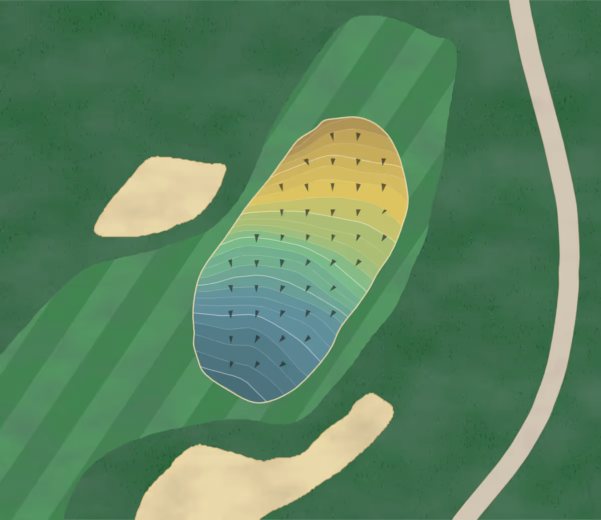 Green contour map of Plandome CC in Plandome, New York — 289 elevation contours at a 3-inch interval with fall-line arrows, traced from 1-meter lidar