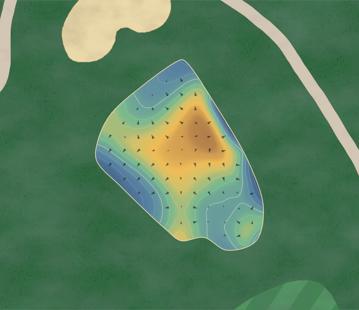 Green contour map of Plantation Course in Jekyll Island, Georgia: 228 elevation contours at a 3-inch interval with fall-line arrows, traced from 1-meter lidar