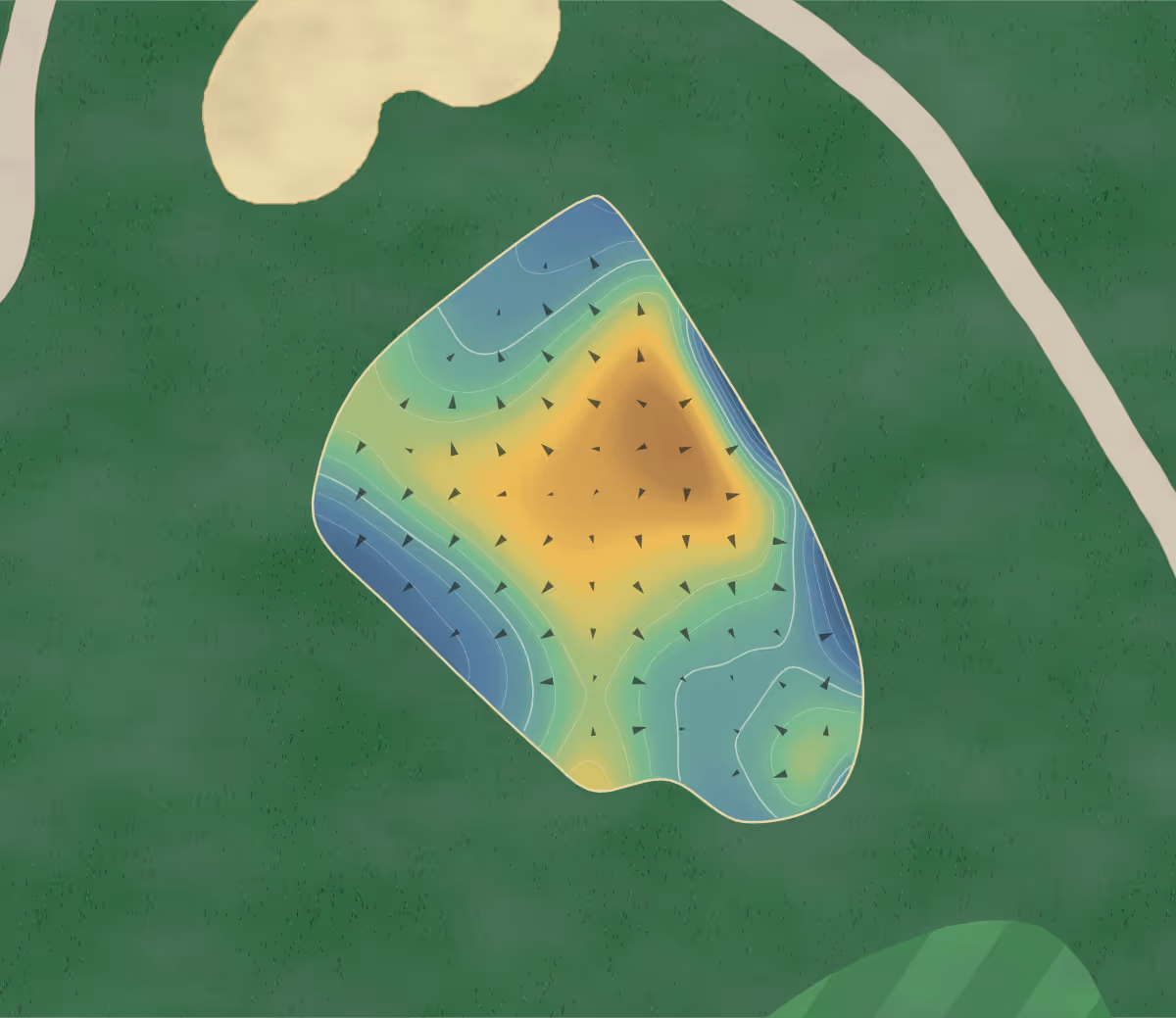 Green contour map of Plantation Course in Jekyll Island, Georgia — 228 elevation contours at a 3-inch interval with fall-line arrows, traced from 1-meter lidar