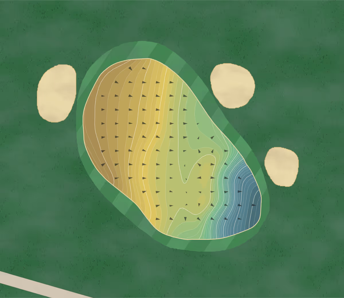 Green contour map of Planterra Club in Peachtree City, Georgia — 205 elevation contours at a 3-inch interval with fall-line arrows, traced from 1-meter lidar