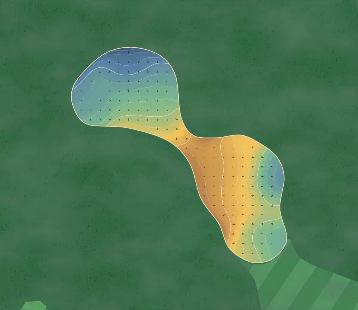 Green contour map of The Players in Yorktown, Indiana: 166 elevation contours at a 3-inch interval with fall-line arrows, traced from 1-meter lidar