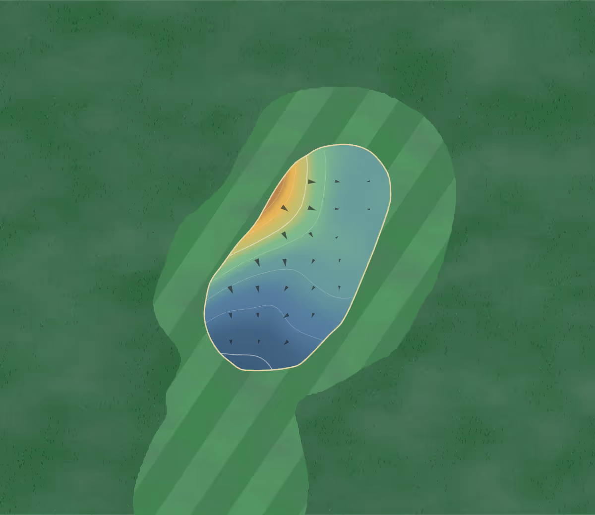 Green contour map of Playgolf Bournemouth in Bournemouth, England: 40 elevation contours at a 8-centimeter interval with fall-line arrows, traced from 1-meter lidar