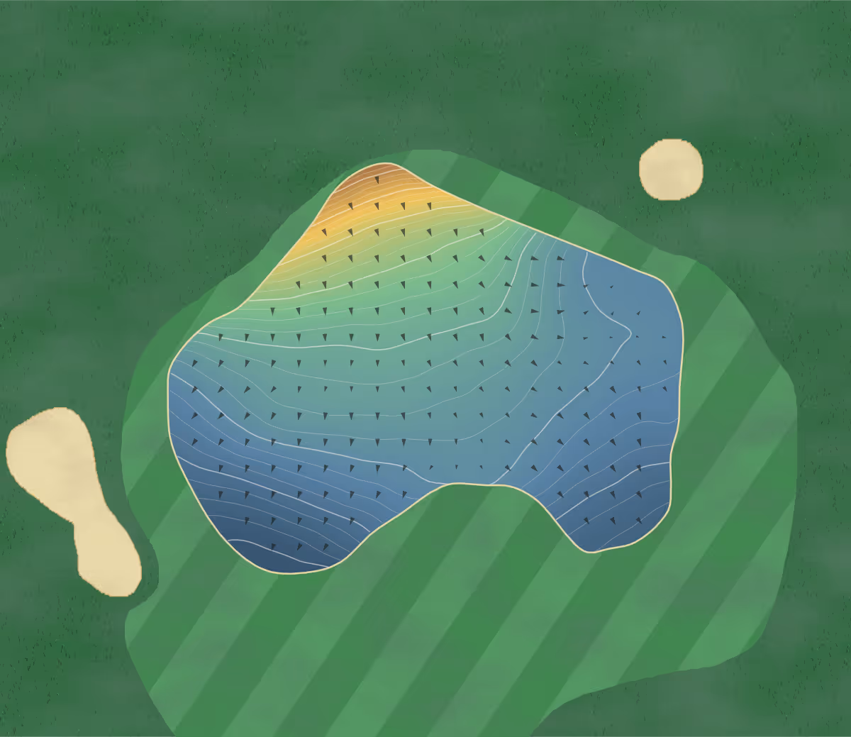 Green contour map of Playsport in Glasgow, Scotland: 133 elevation contours at a 8-centimeter interval with fall-line arrows, traced from 1-meter lidar