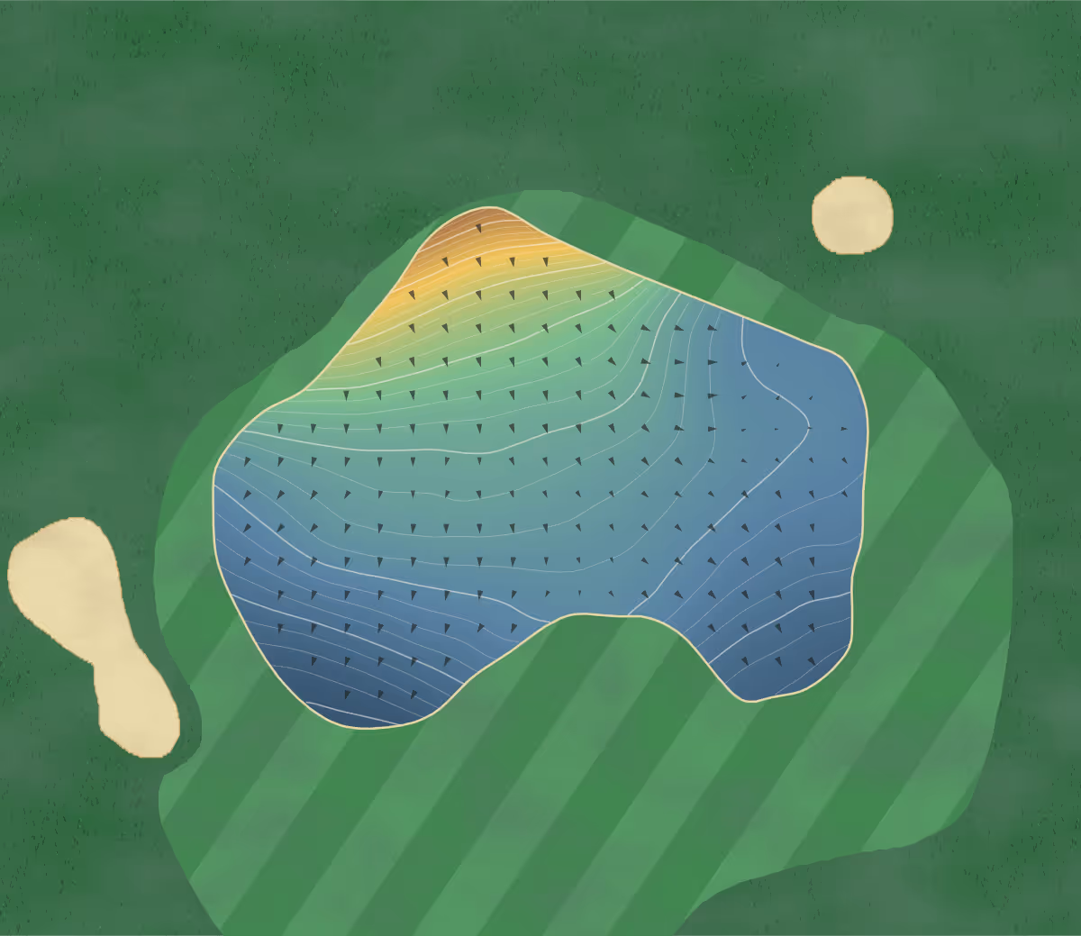 Green contour map of Playsport Golf in Glasgow, United Kingdom — 135 elevation contours at a 8-centimeter interval with fall-line arrows, traced from 1-meter lidar