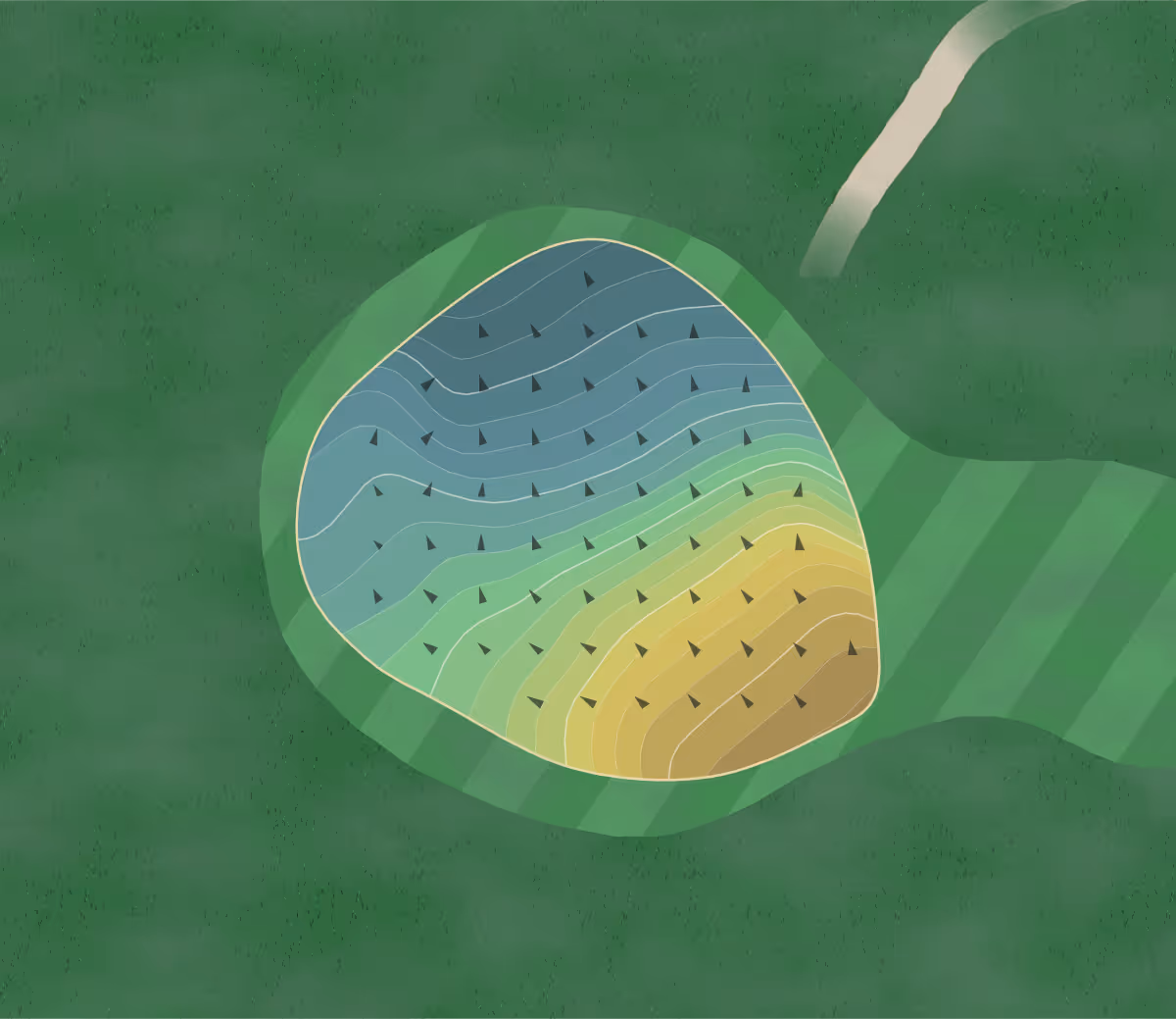 Green contour map of Pleasant Run in Indianapolis, Indiana — 228 elevation contours at a 3-inch interval with fall-line arrows, traced from 1-meter lidar