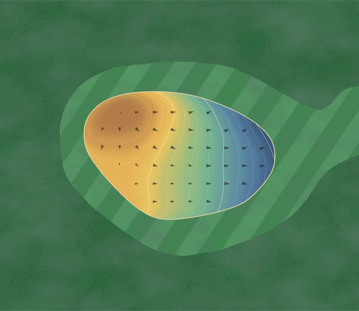 Green contour map of Pleasant Valley GC in Thornton, Iowa: 85 elevation contours at a 3-inch interval with fall-line arrows, traced from 1-meter lidar